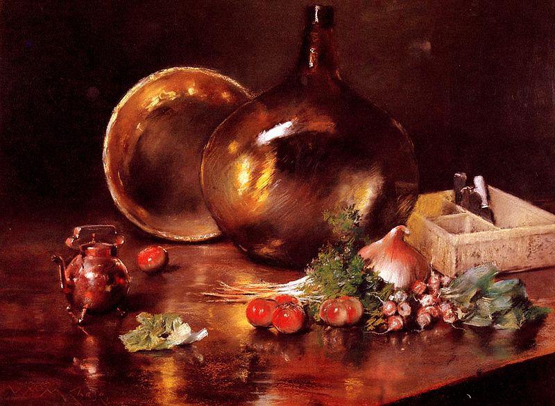 William Merritt Chase Still Life Brass and Glass Date oil painting image